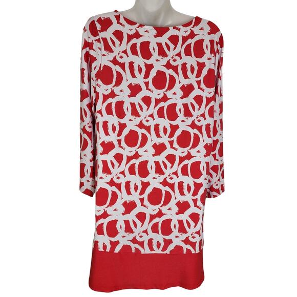 Susan Graver Womens Tunic Top Medium Red Liquid Knit Slits Printed 3/4 Sleeves - Picture 2 of 11